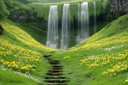 Waterfall in Lush Green Meadow with Yellow Flowers