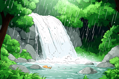 Waterfall In Rainy Forest