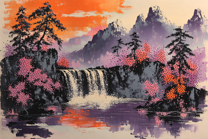 Waterfall Landscape with Abstract Trees