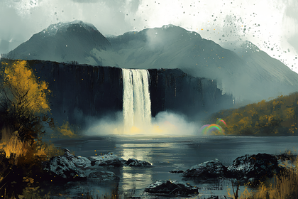 Waterfall Landscape with Rainbow