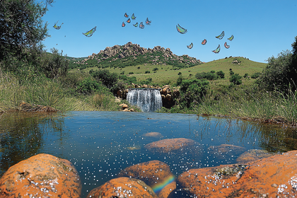 Waterfall Oasis with Artistic Kites