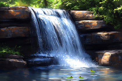 Waterfall Scene With Frogs