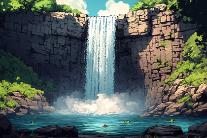 Waterfall Scene with Turtles