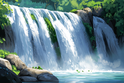 Waterfall with Green Frogs