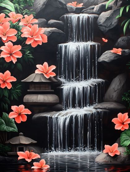 Waterfall With Pink Flowers And Lanterns Painting