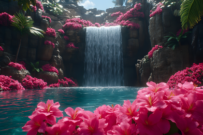 Waterfall with Pink Flowers
