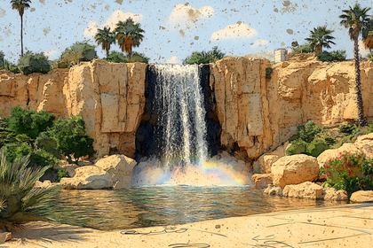 Waterfall With Rainbow And Palm Trees