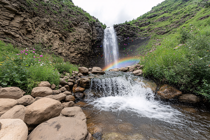 Waterfall with Rainbow and Rocks