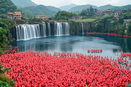 Waterfall With Red Sculptures