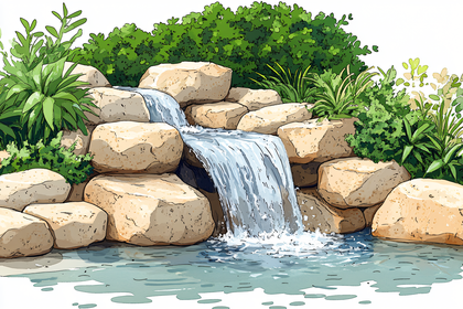 Waterfall With Rocks And Greenery
