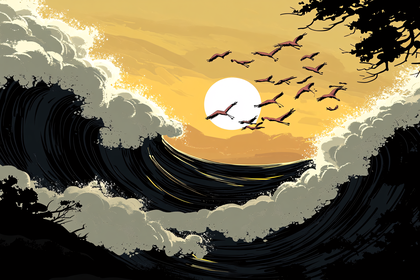 Waves And Cranes At Sunset