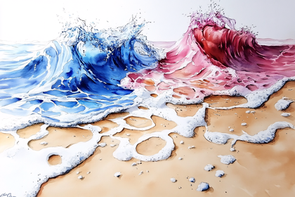 Waves Clash On Shore Watercolor