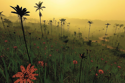 Wax Palms Valley With Flowers at Sunrise