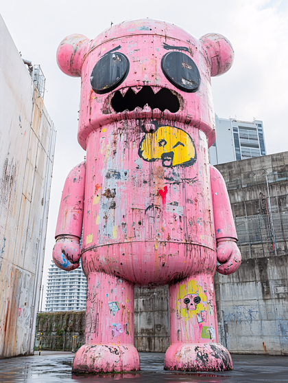 Weathered Pink Bear Statue with Graffiti