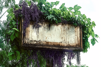 Weathered Sign Adorned with Foliage