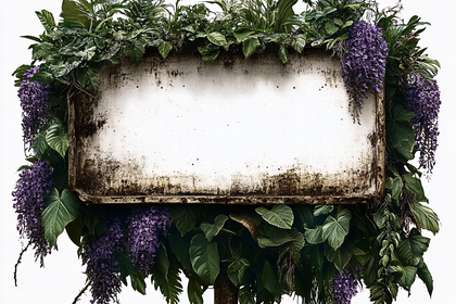 Weathered Sign Adorned with Wisteria and Foliage