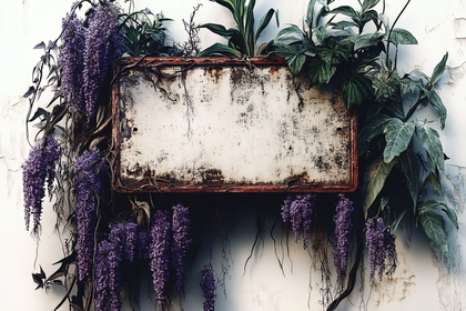 Weathered Signboard Adorned with Blooming Wisteria