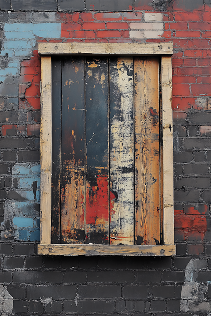 Weathered Window Shutter on Brick Wall