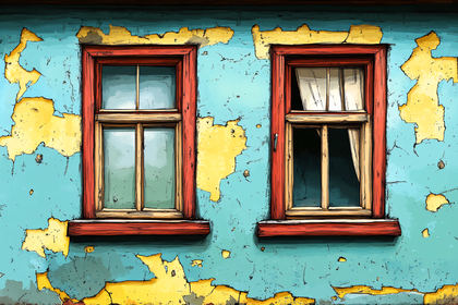 Weathered Windows On Peeling Wall