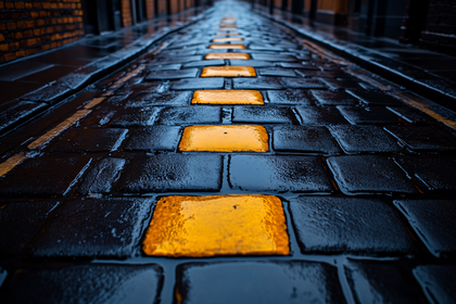 Wet Cobblestone Path with Yellow Markers
