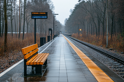 Wet Railway Station Platform with Bench