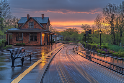 Wet Train Station at Sunset