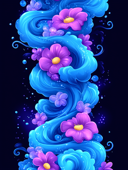 Whimsical Blue Stream with Purple Flowers