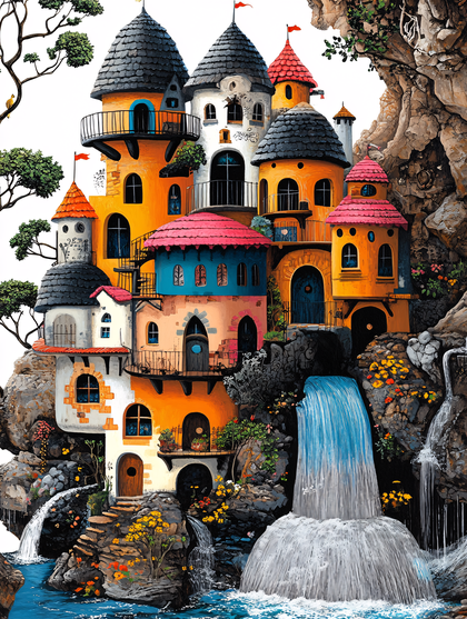 Whimsical Castle By The Waterfall