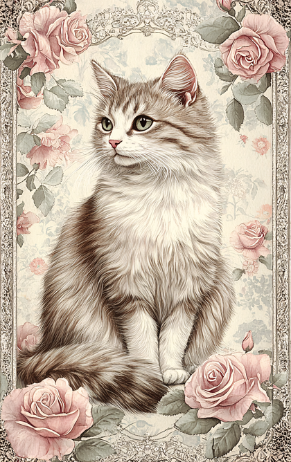 Whimsical Cat Portrait with Roses