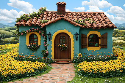 Whimsical Cottage Surrounded By Sunflowers