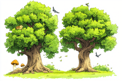 Whimsical Forest Scene with Trees and Turtle