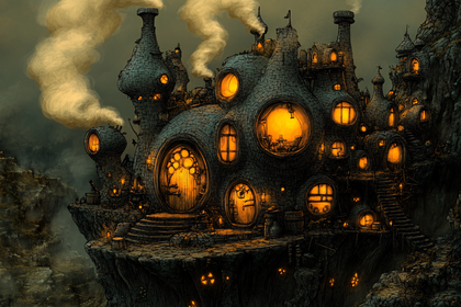 Whimsical Hobbit Village at Dusk