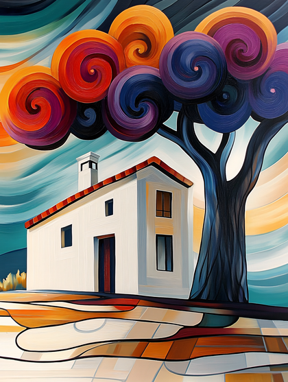 Whimsical House by Stylized Tree