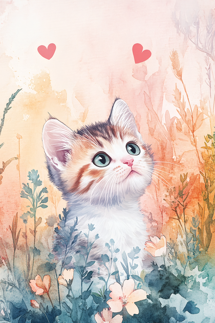 Whimsical Kitten in Watercolor Garden