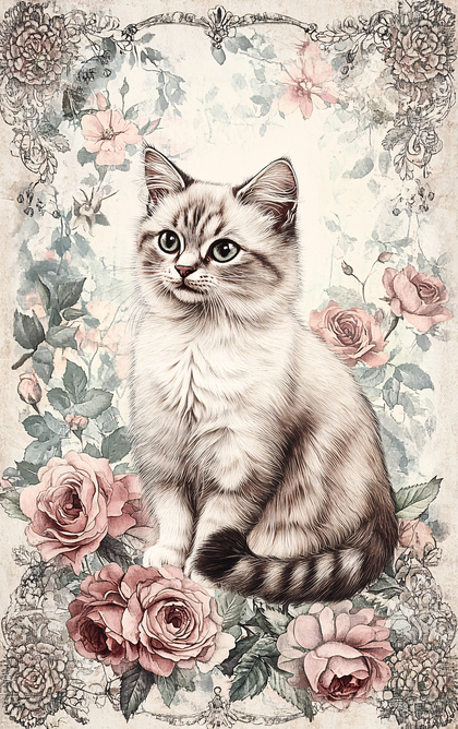 Whimsical Kitten with Roses