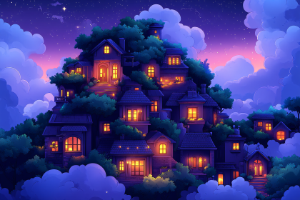 Whimsical Night Village Scene