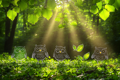 Whimsical Owls in Sunlit Forest