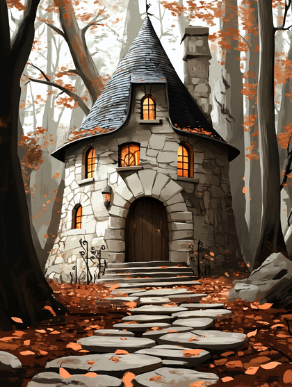 Whimsical Stone Cottage In Autumn Forest