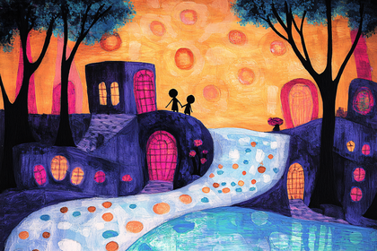Whimsical Village at Sunset