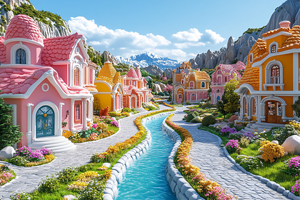 Whimsical Village by the Stream