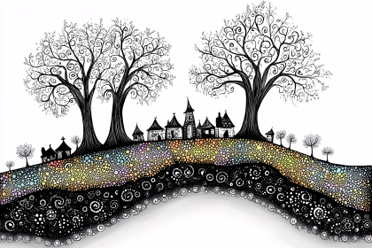 Whimsical Village Hill Landscape