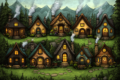 Whimsical Village Houses in a Lush Forest