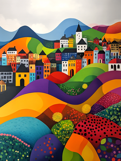 Whimsical Village In A Colorful Landscape