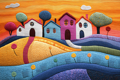 Whimsical Village Landscape Embroidery