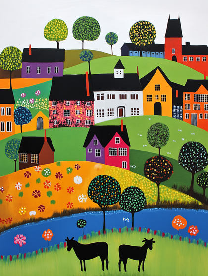 Whimsical Village Landscape With Houses And Cows