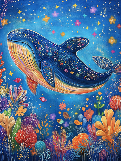Whimsical Whale In Starry Underwater Scene
