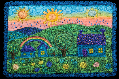 Whimsical Yarn Landscape With Houses And Rainbow
