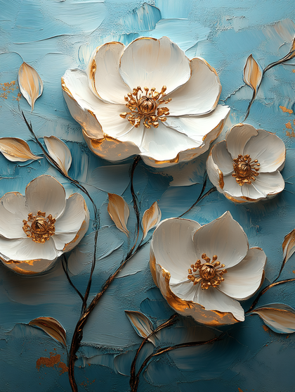 White and Gold Flowers on Teal Background