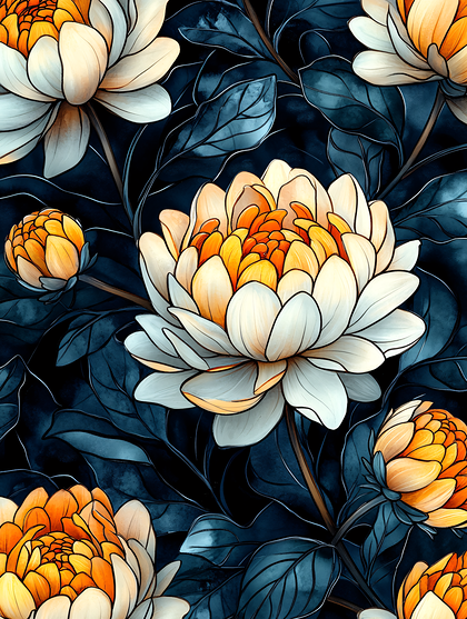 White And Orange Flowers With Dark Blue Leaves