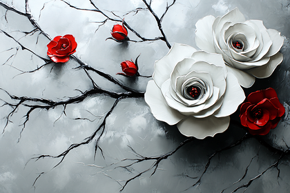 White and Red Roses on Grey Canvas